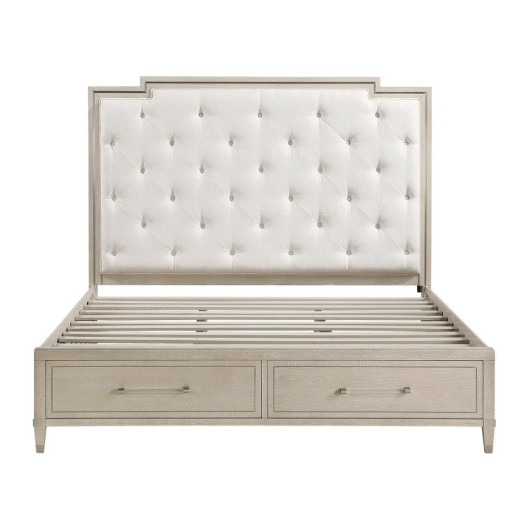 English Elm Bed Queen Storage Platform with Tufted Chenille Headboard and Oak Engineered Frame B011S04049