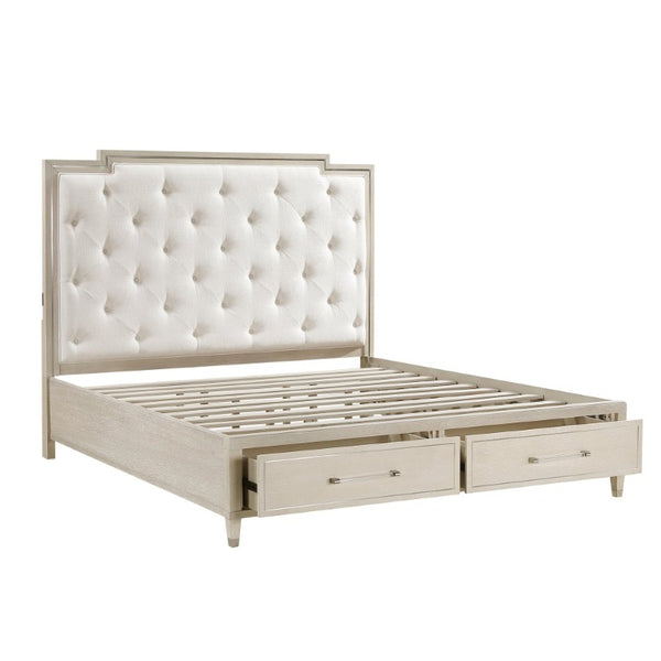English Elm Bed Queen Storage Platform with Tufted Chenille Headboard and Oak Engineered Frame B011S04049