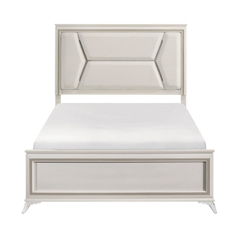 English Elm Bed Eastern King White Gold Panel with LED Headboard Chenille Upholstered Acrylic Legs B011S04050