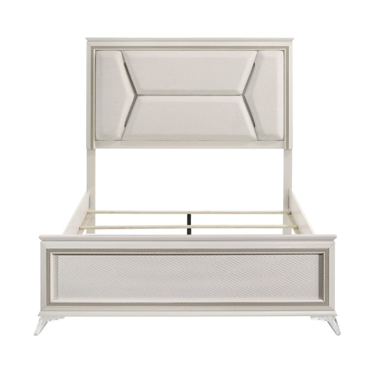English Elm Bed Eastern King White Gold Panel with LED Headboard Chenille Upholstered Acrylic Legs B011S04050