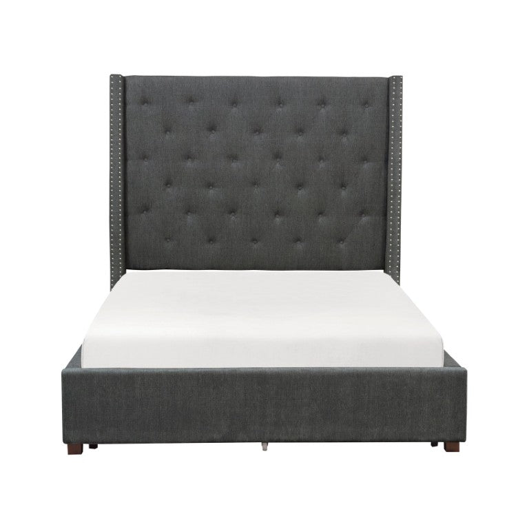 English Elm Bed California King Tufted Upholstered Mansion Headboard with Nailhead Trim in Gray B011S04055