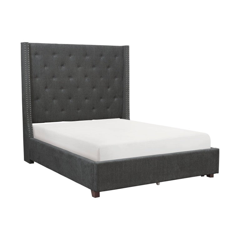 English Elm Bed California King Tufted Upholstered Mansion Headboard with Nailhead Trim in Gray B011S04055