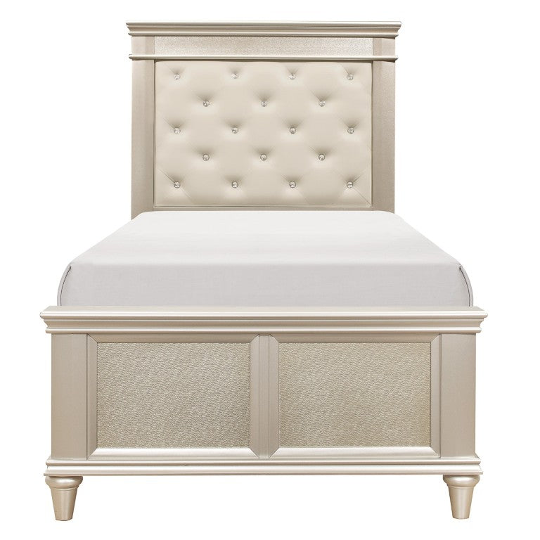 English Elm Bed Twin Crystal Tufted Faux Leather Headboard Traditional Off White Bedroom Frame B011S04084