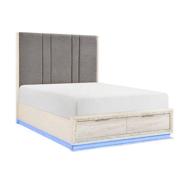 English Elm Bed California King Platform with LED Lighting Chenille Headboard and Footboard Storage B011S04095