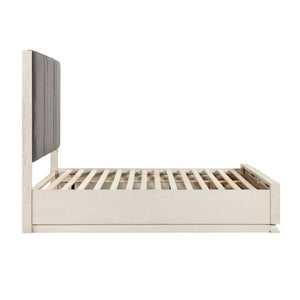 English Elm Bed California King Platform with LED Lighting Chenille Headboard and Footboard Storage B011S04095