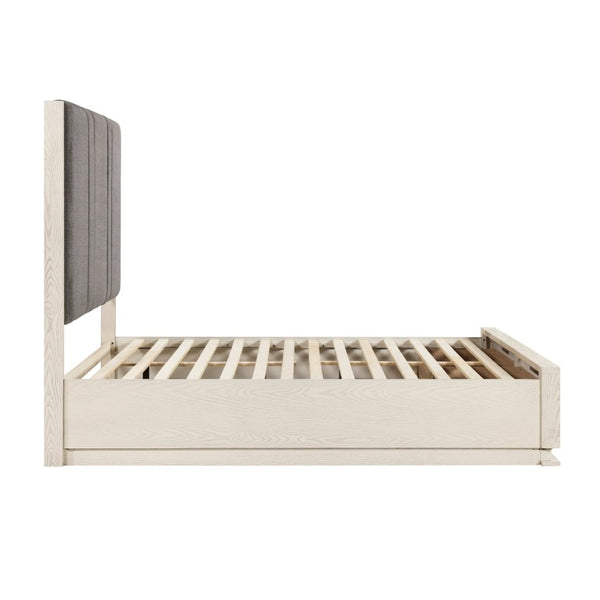 English Elm Bed California King Platform with LED Lighting Chenille Headboard and Footboard Storage B011S04095