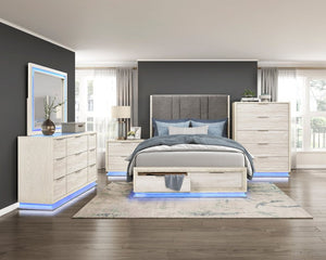 English Elm Bed California King Platform with LED Lighting Chenille Headboard and Footboard Storage B011S04095