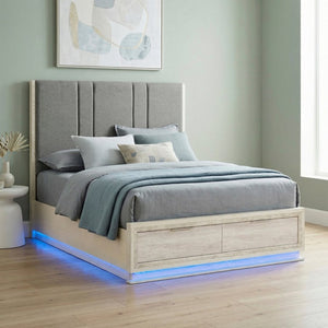 English Elm Bed California King Platform with LED Lighting Chenille Headboard and Footboard Storage B011S04095