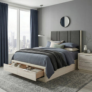English Elm Bed California King Platform with LED Lighting Chenille Headboard and Footboard Storage B011S04095