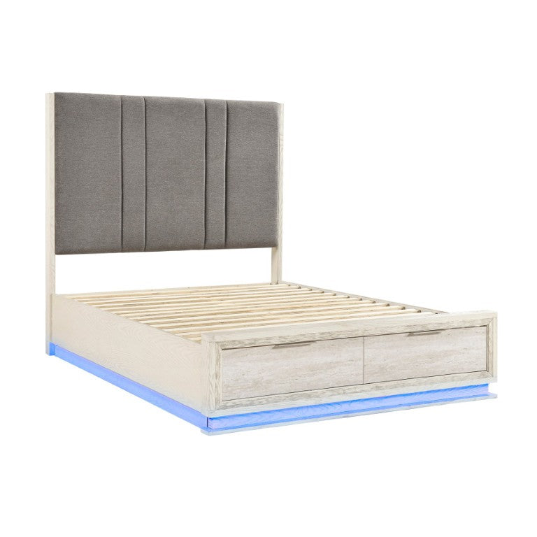 English Elm Bed California King Platform with LED Lighting Chenille Headboard and Footboard Storage B011S04095