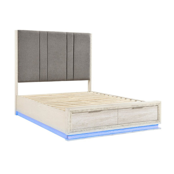 English Elm Bed California King Platform with LED Lighting Chenille Headboard and Footboard Storage B011S04095