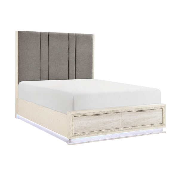 English Elm Bed California King Platform with LED Lighting Chenille Headboard and Footboard Storage B011S04095