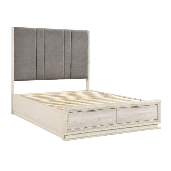 English Elm Bed California King Platform with LED Lighting Chenille Headboard and Footboard Storage B011S04095