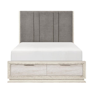 English Elm Bed California King Platform with LED Lighting Chenille Headboard and Footboard Storage B011S04095