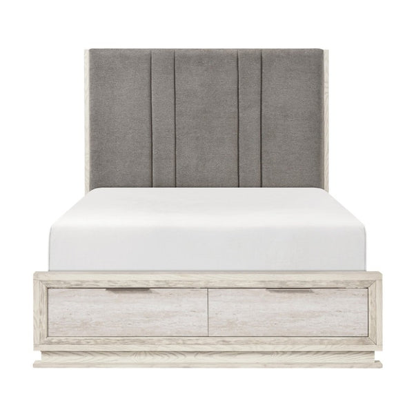 English Elm Bed California King Platform with LED Lighting Chenille Headboard and Footboard Storage B011S04095
