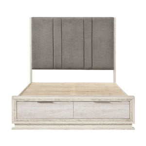 English Elm Bed California King Platform with LED Lighting Chenille Headboard and Footboard Storage B011S04095