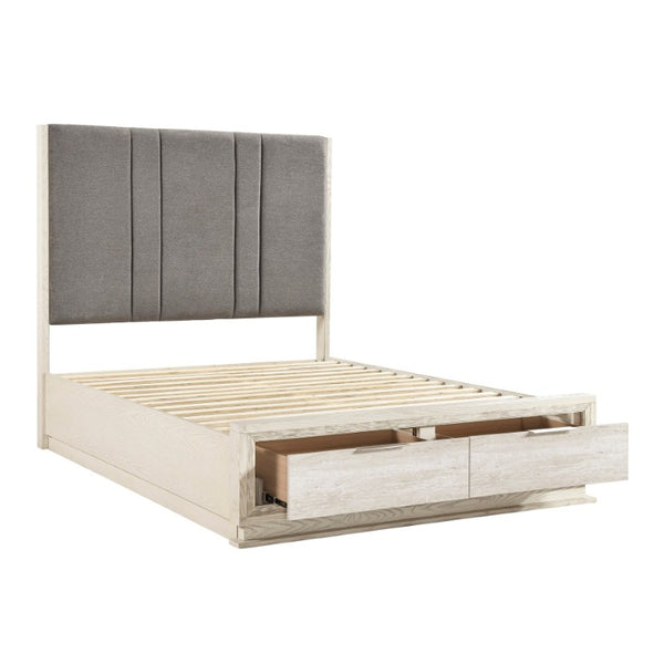 English Elm Bed Queen Platform with LED Lighting Chenille Headboard and Footboard Storage Drawers B011S04096