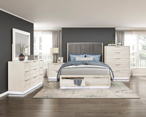 English Elm Bed Queen Platform with LED Lighting Chenille Headboard and Footboard Storage Drawers B011S04096