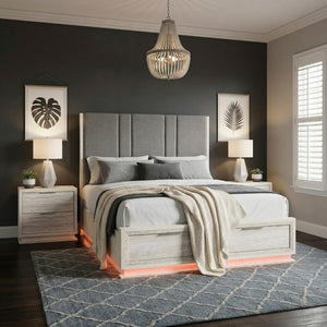 English Elm Bed Queen Platform with LED Lighting Chenille Headboard and Footboard Storage Drawers B011S04096