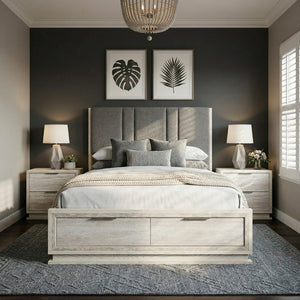 English Elm Bed Queen Platform with LED Lighting Chenille Headboard and Footboard Storage Drawers B011S04096