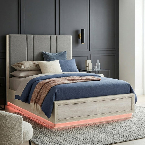 English Elm Bed Queen Platform with LED Lighting Chenille Headboard and Footboard Storage Drawers B011S04096
