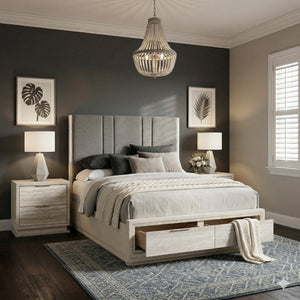 English Elm Bed Queen Platform with LED Lighting Chenille Headboard and Footboard Storage Drawers B011S04096