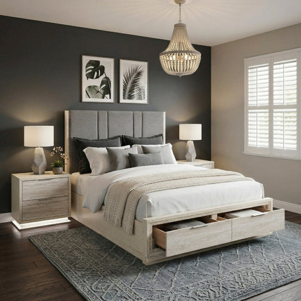 English Elm Bed Queen Platform with LED Lighting Chenille Headboard and Footboard Storage Drawers B011S04096