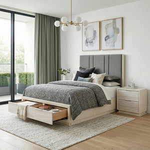 English Elm Bed Queen Platform with LED Lighting Chenille Headboard and Footboard Storage Drawers B011S04096