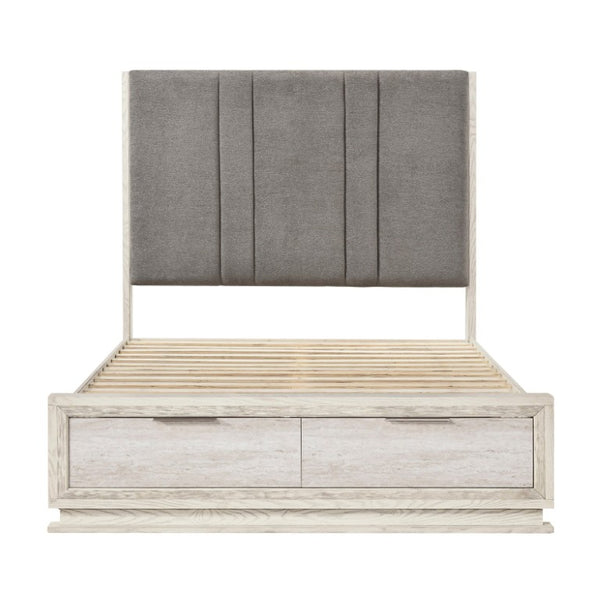 English Elm Bed Queen Platform with LED Lighting Chenille Headboard and Footboard Storage Drawers B011S04096