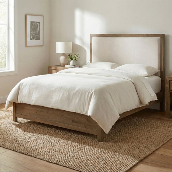 English Elm Bed California King French Oak Veneer Upholstered Headboard with Built-In USB Charging B011S04098