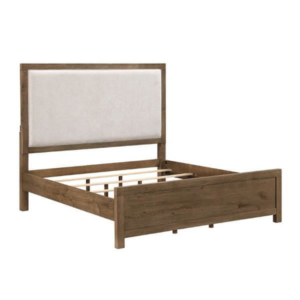 English Elm Bed California King French Oak Veneer Upholstered Headboard with Built-In USB Charging B011S04098