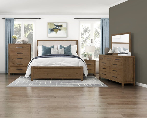 English Elm Bed California King French Oak Veneer Upholstered Headboard with Built-In USB Charging B011S04098