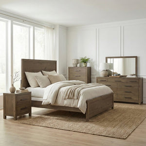 English Elm Bed Eastern King French Oak Veneer Frame with USB Charging Modern Farmhouse Style B011S04100