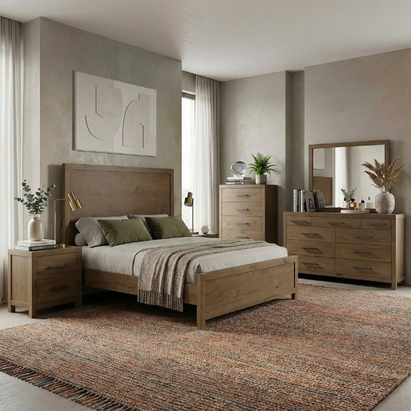 English Elm Bed Eastern King French Oak Veneer Frame with USB Charging Modern Farmhouse Style B011S04100