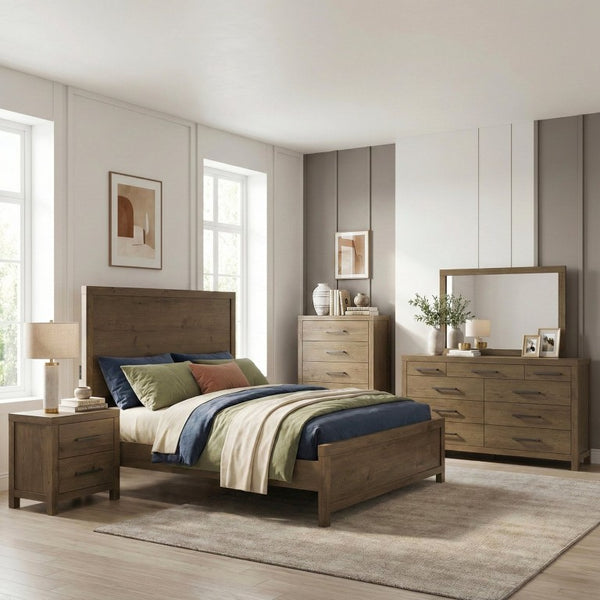 English Elm Bed Eastern King French Oak Veneer Frame with USB Charging Modern Farmhouse Style B011S04100