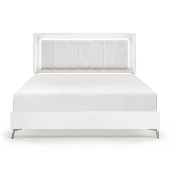 English Elm Bed Eastern King Chenille Tufted Headboard with LED Lighting Faux Marble Gloss White B011S04103