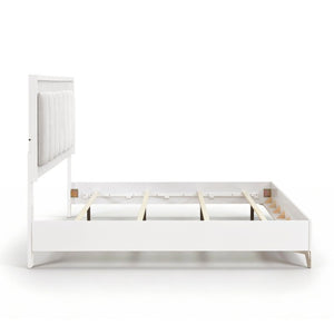English Elm Bed Eastern King Chenille Tufted Headboard with LED Lighting Faux Marble Gloss White B011S04103