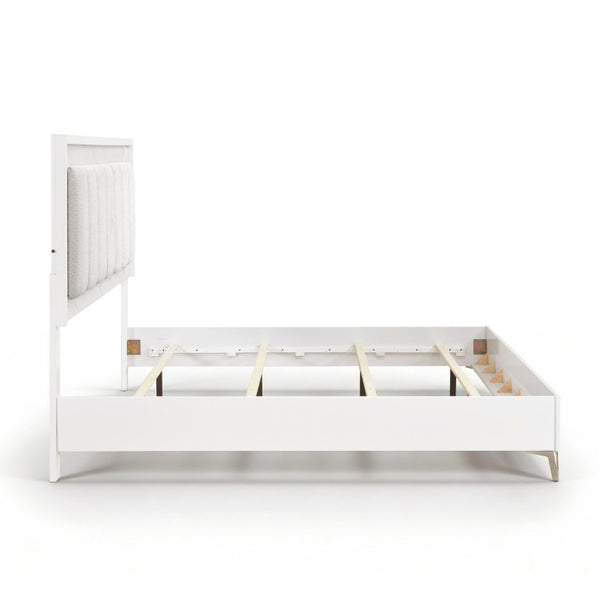 English Elm Bed Eastern King Chenille Tufted Headboard with LED Lighting Faux Marble Gloss White B011S04103