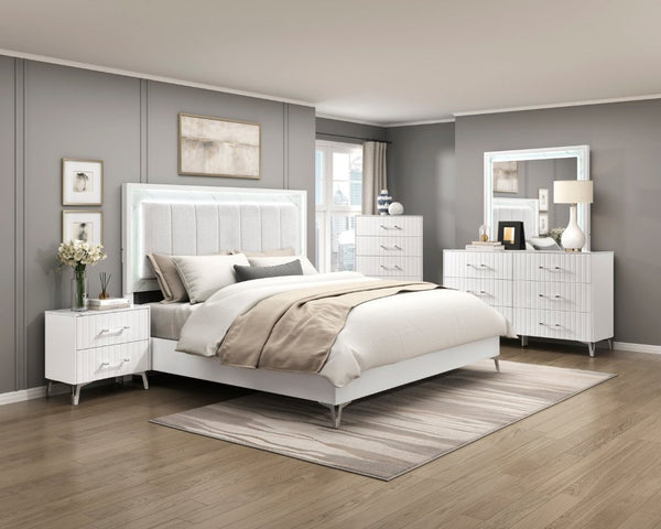 English Elm Bed Eastern King Chenille Tufted Headboard with LED Lighting Faux Marble Gloss White B011S04103