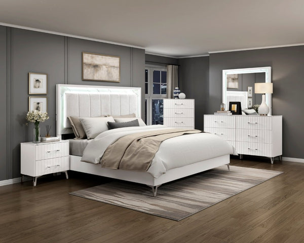 English Elm Bed Eastern King Chenille Tufted Headboard with LED Lighting Faux Marble Gloss White B011S04103