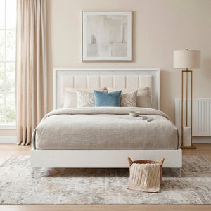 English Elm Bed Eastern King Chenille Tufted Headboard with LED Lighting Faux Marble Gloss White B011S04103