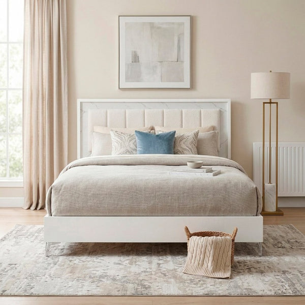 English Elm Bed Eastern King Chenille Tufted Headboard with LED Lighting Faux Marble Gloss White B011S04103