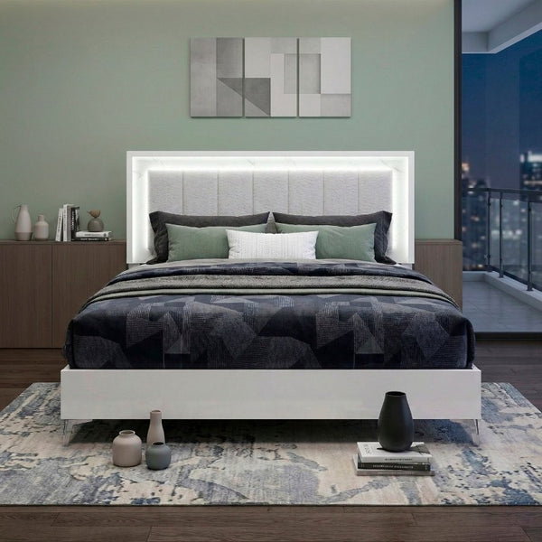 English Elm Bed Eastern King Chenille Tufted Headboard with LED Lighting Faux Marble Gloss White B011S04103