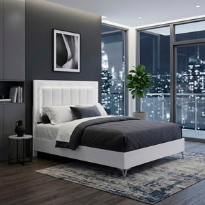 English Elm Bed Eastern King Chenille Tufted Headboard with LED Lighting Faux Marble Gloss White B011S04103