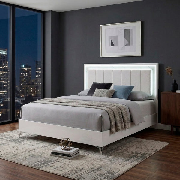 English Elm Bed Eastern King Chenille Tufted Headboard with LED Lighting Faux Marble Gloss White B011S04103