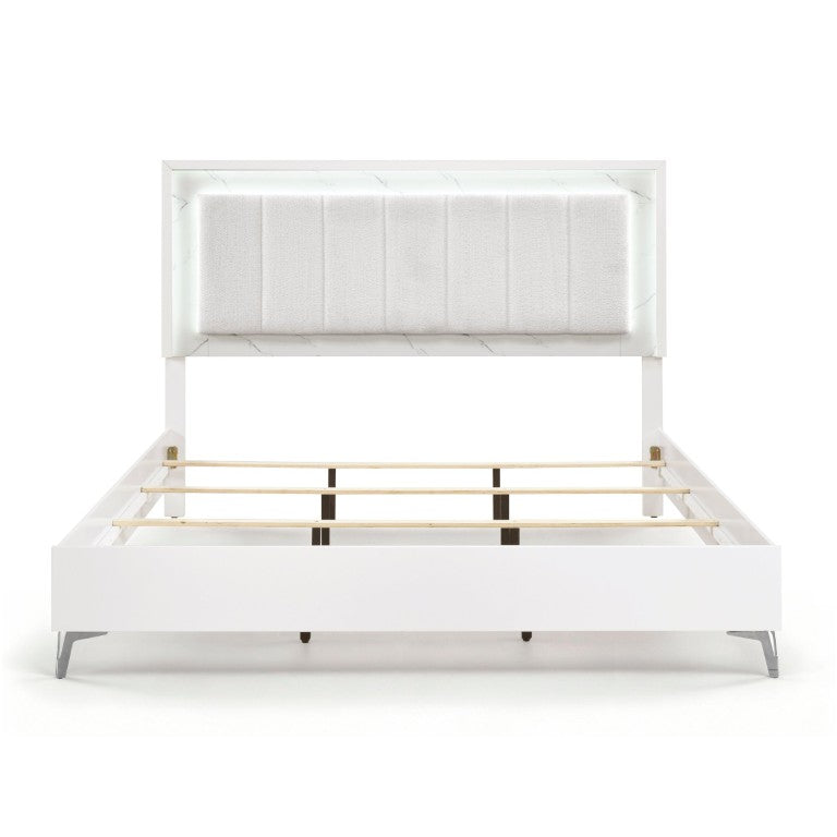 English Elm Bed Eastern King Chenille Tufted Headboard with LED Lighting Faux Marble Gloss White B011S04103