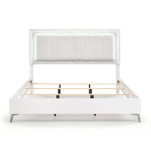 English Elm Bed Eastern King Chenille Tufted Headboard with LED Lighting Faux Marble Gloss White B011S04103