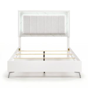 English Elm Bed Eastern King Chenille Tufted Headboard with LED Lighting Faux Marble Gloss White B011S04103