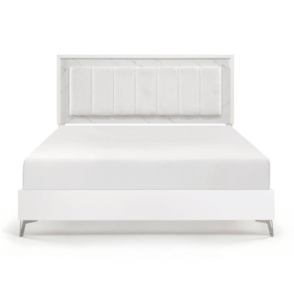English Elm Bed Eastern King Chenille Tufted Headboard with LED Lighting Faux Marble Gloss White B011S04103