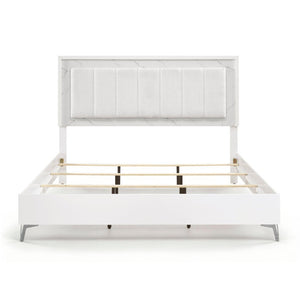 English Elm Bed Eastern King Chenille Tufted Headboard with LED Lighting Faux Marble Gloss White B011S04103